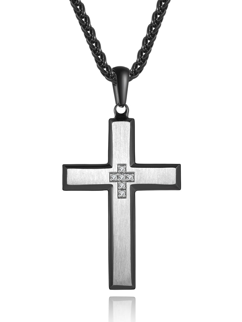 Stainless Steel Double Layer Cross Pendant Necklace for Men, 24