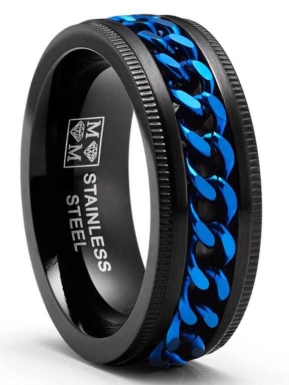 Mens Stainless Steel Curb Chain Link Spinner Fidget Ring Anxiety Band Black Blue 8mm
