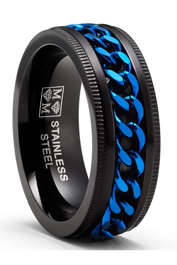 Mens Stainless Steel Curb Chain Link Spinner Fidget Ring Anxiety Band Black Blue 8mm