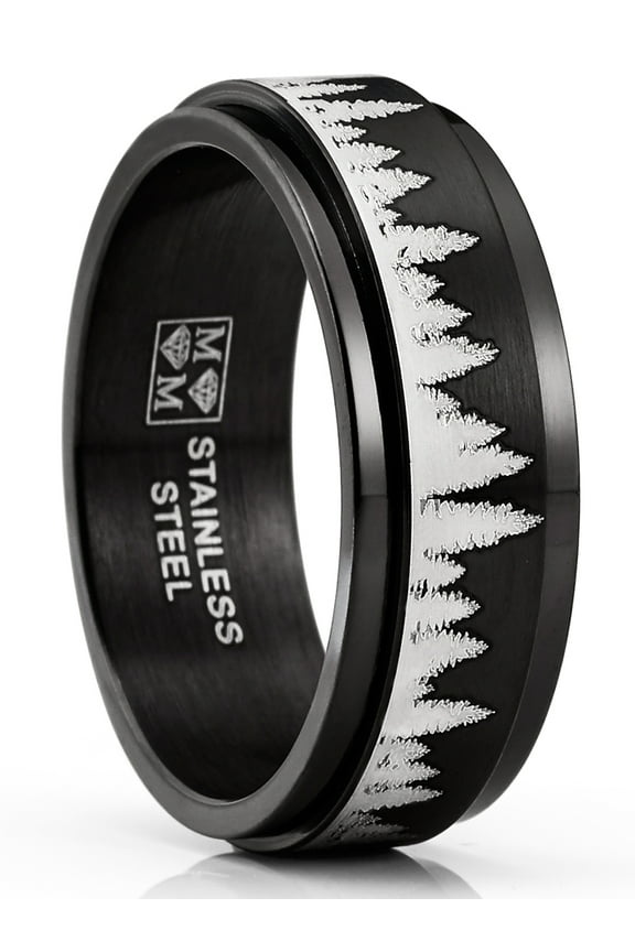 Mens Stainless Steel Forest Trees Spinner Fidget Ring Anxiety Band Outdoor 8mm