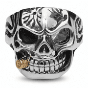Metal Masters Mens Stainless Steel Skull Biker Ring Cubic Zirconia Stone Bullet
