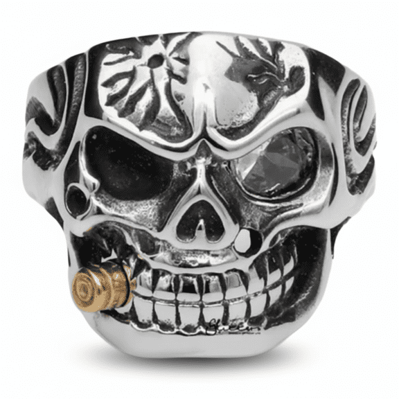 Metal Masters Mens Stainless Steel Skull Biker Ring Cubic Zirconia Stone Bullet