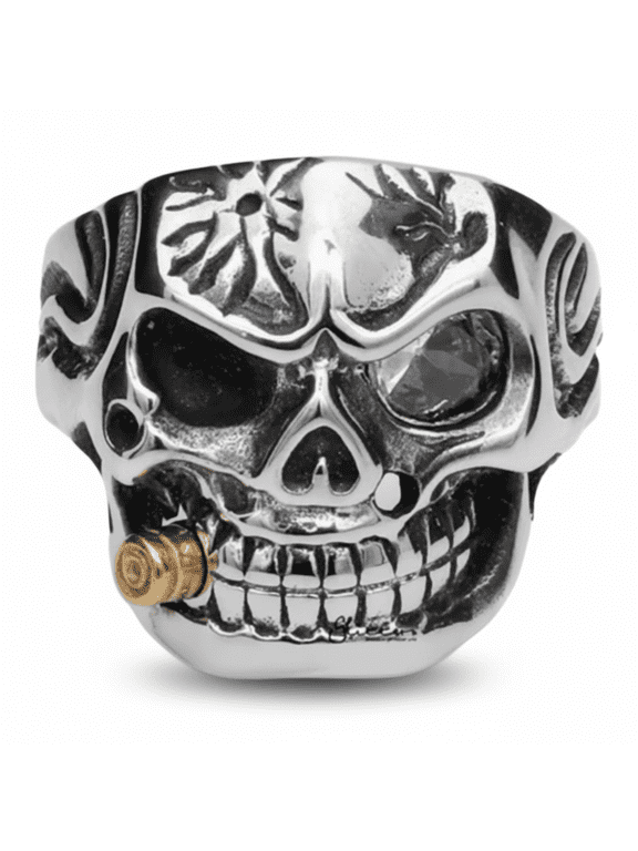 Mens Stainless Steel Skull Biker Ring Cubic Zirconia Stone Bullet