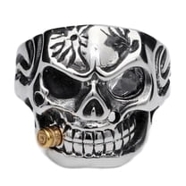 Metal Masters Mens Stainless Steel Skull Biker Ring Cubic Zirconia Stone Bullet