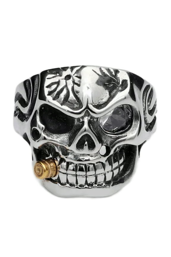 Mens Stainless Steel Skull Biker Ring Cubic Zirconia Stone Bullet