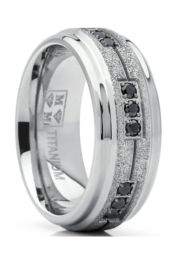 Mens Titanium Black Trinity Cubic Zirconia Ring Wedding Band Shimmer Finish 8mm 13