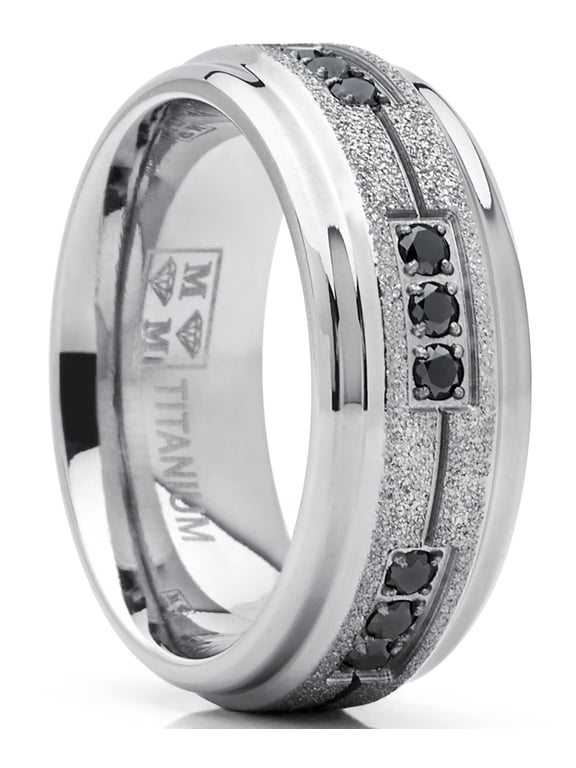 Mens Titanium Black Trinity Cubic Zirconia Ring Wedding Band Shimmer Finish 8mm 13