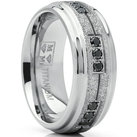 Metal Masters Mens Titanium Black Trinity Cubic Zirconia Ring Wedding Band Shimmer Finish 8mm 8.5