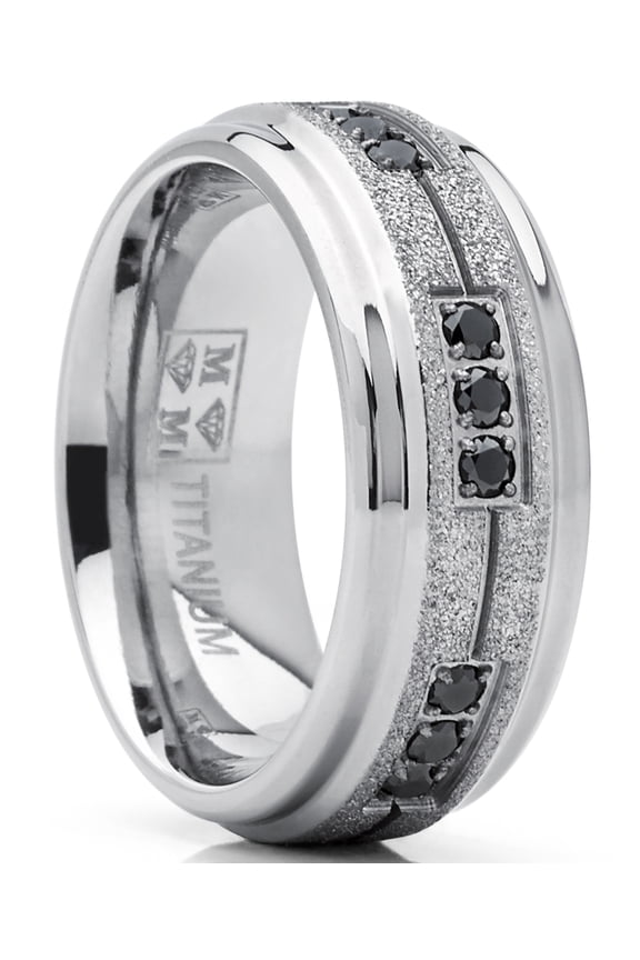 Mens Titanium Black Trinity Cubic Zirconia Ring Wedding Band Shimmer Finish 8mm 8