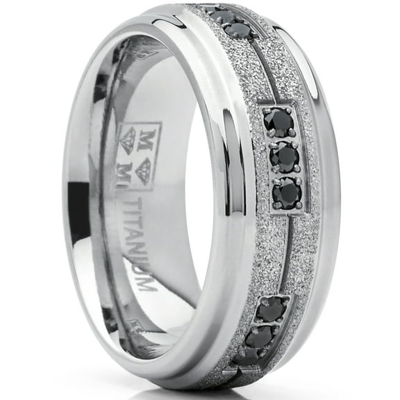 Metal Masters Mens Titanium Black Trinity Cubic Zirconia Ring Wedding Band Shimmer Finish 8mm 9.5