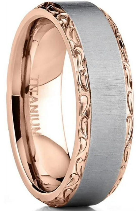 Mens Titanium Hand-engraved Wedding Band Ring Comfort-fit Rosegold-tone 7mm