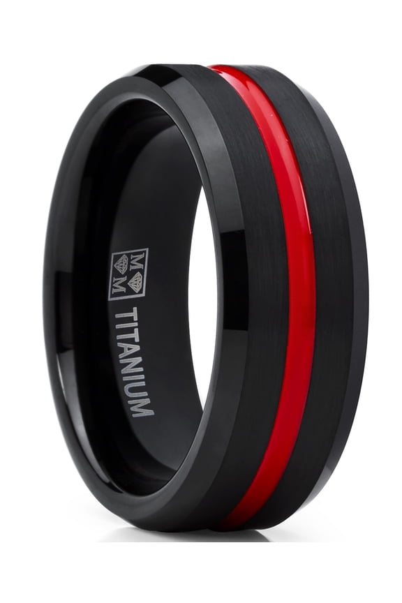 Mens Titanium Ring Wedding Band Black Red Plated Brushed Engagement Ring Grooved Comfort-Fit 10