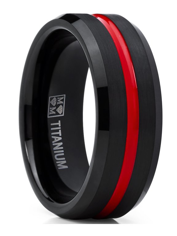 Mens Titanium Ring Wedding Band Black Red Plated Brushed Engagement Ring Grooved Comfort-Fit 9