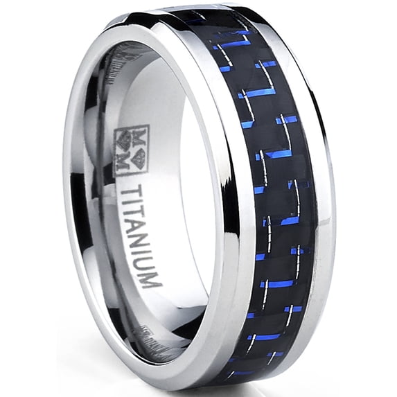 Metal Masters Mens Titanium Ring Wedding Engagement Band Black Blue Carbon Fiber Inlay 8mm