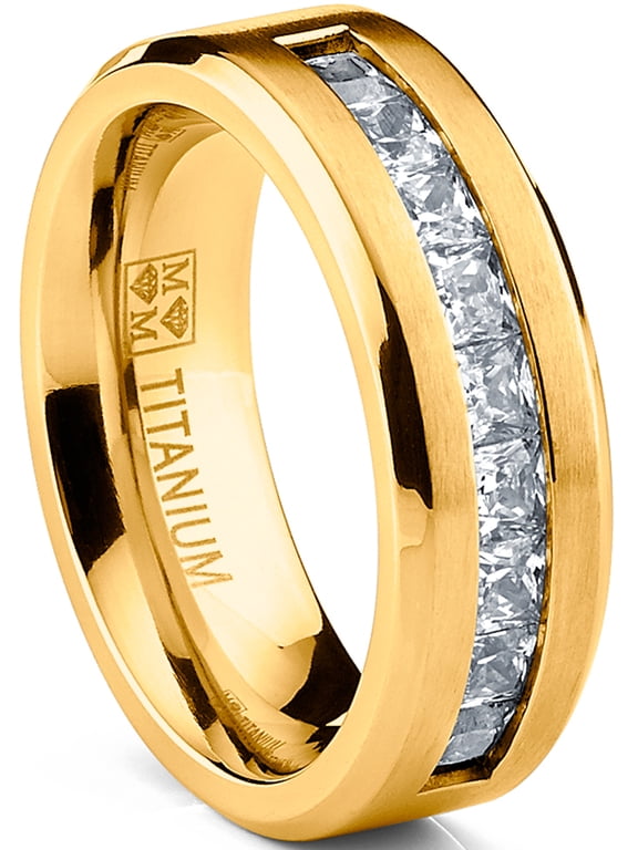 Mens Titanium Wedding Band Engagement Ring 9-Large Cubic-Zirconia Goldtone