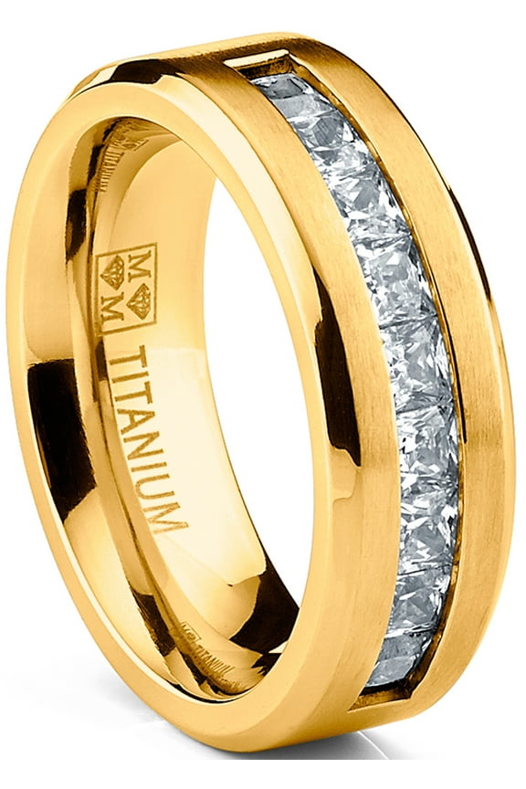 Mens Titanium Wedding Band Engagement Ring 9-Large Cubic-Zirconia Goldtone