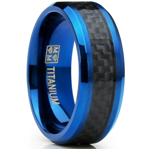 Metal Masters Mens Titanium Wedding Band Engagement Ring Blue Ion Plating Black Cardon Fiber Inlay 10.5