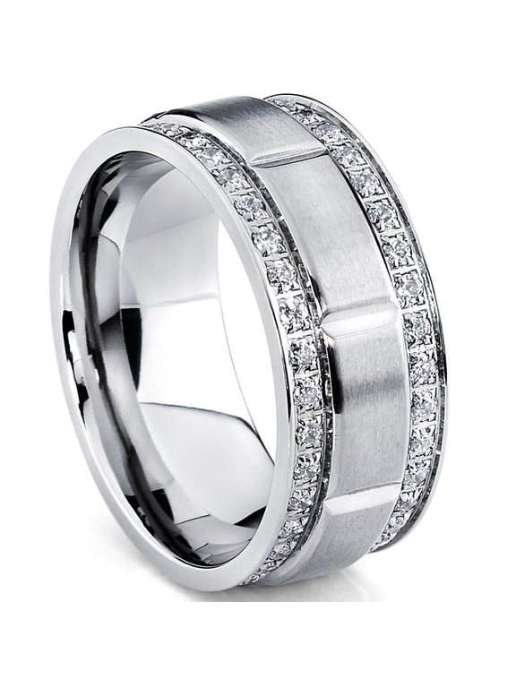 Mens Titanium Wedding Band Ring Double Row Cubic Zirconia Comfort-Fit