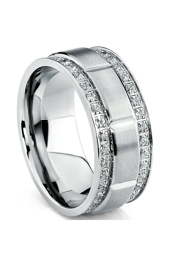 Mens Titanium Wedding Band Ring Double Row Cubic Zirconia Comfort-Fit