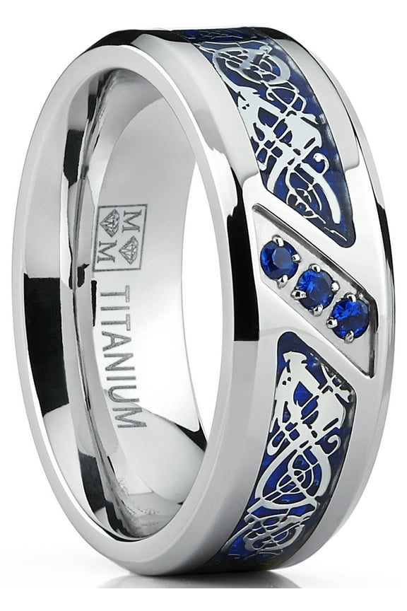 Mens Titanium Wedding Ring Band Dragon Design Blue Carbon Fiber Inlay Blue Cubic Zirconia