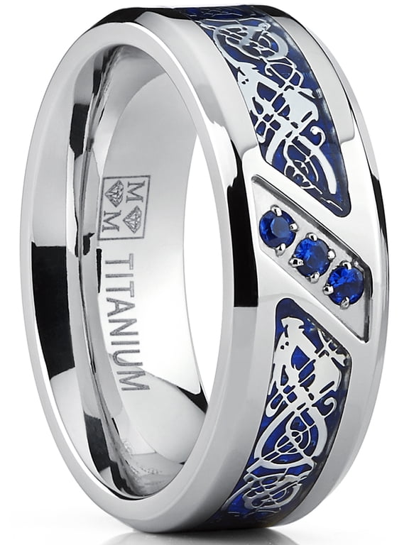 Mens Titanium Wedding Ring Band Dragon Design Blue Carbon Fiber Inlay Blue Cubic Zirconia