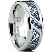 Metal Masters Mens Titanium Wedding Ring Band Dragon Design Blue Carbon Fiber Inlay Blue Cubic Zirconia
