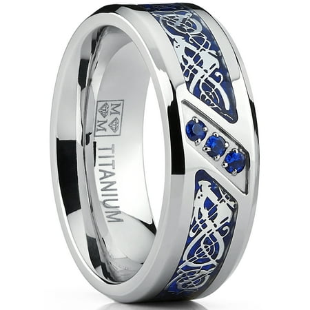 Metal Masters Mens Titanium Wedding Ring Band Dragon Design Blue Carbon Fiber Inlay Blue Cubic Zirconia