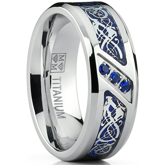 Metal Masters Mens Titanium Wedding Ring Band Dragon Design Blue Carbon Fiber Inlay Blue Cubic Zirconia