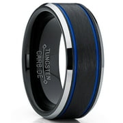 Metal Masters Mens Tungsten Carbide Black Blue Textured Wedding Band Ring Comfort-Fit 8mm 15