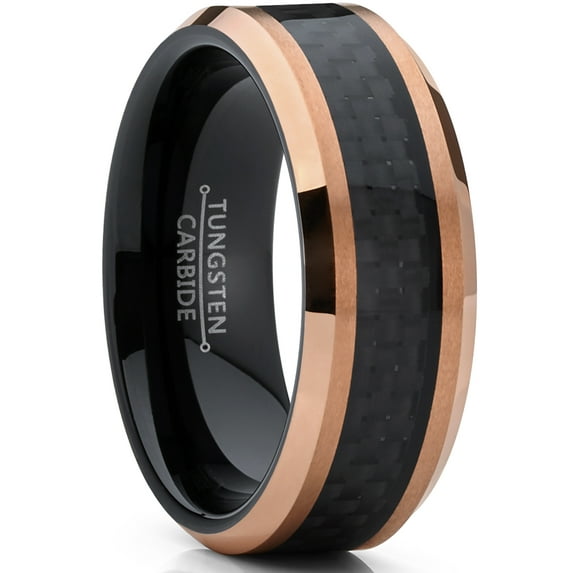Metal Masters Mens Tungsten Carbide Black RoseTone Brushed Wedding Band Engagement Ring Carbon Fiber Inlay 8mm 9