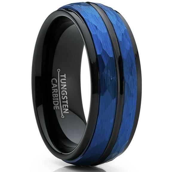Metal Masters Mens Tungsten Carbide Hammered Brushed Finish Wedding Band Ring 8mm Blue Black Dome