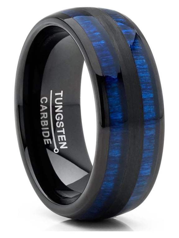 Mens Tungsten Carbide Ring Dome Blue Wood Inlay Wedding Band 8mm
