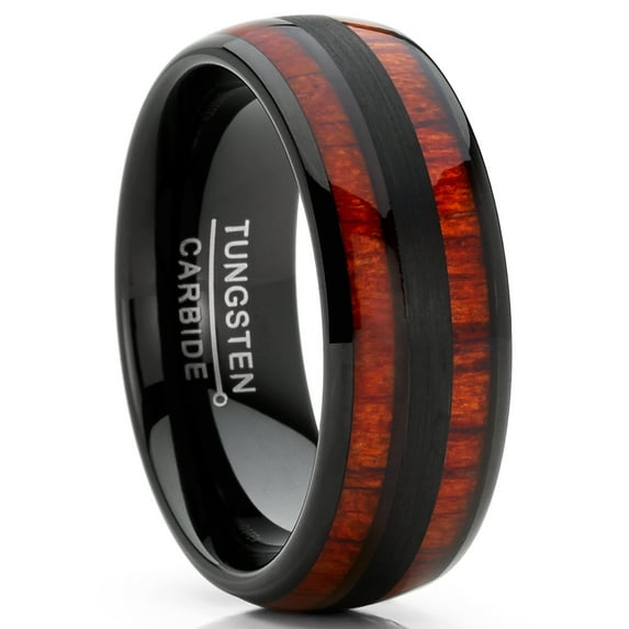 Metal Masters Mens Tungsten Carbide Ring Dome Koa Wood Inlay Wedding Band Brown Black 8mm
