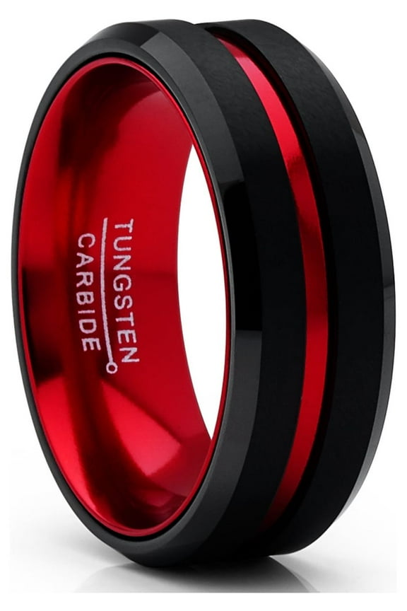 Mens Tungsten Carbide Ring Grooved Wedding Band Color Interior 8mm Blue Red Green Red