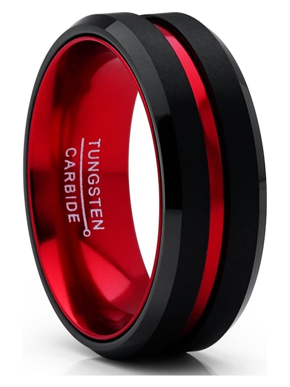 Mens Tungsten Carbide Ring Grooved Wedding Band Color Interior 8mm Blue Red Green Red