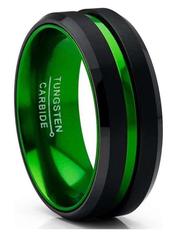 Mens Tungsten Carbide Ring Grooved Wedding Band Color Interior 8mm Blue Red Green Red