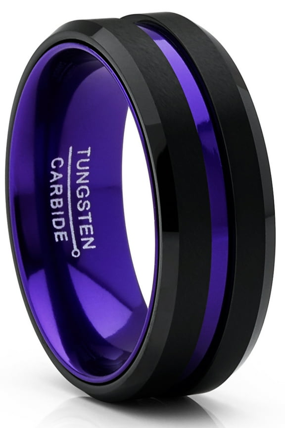 Mens Tungsten Carbide Ring Grooved Wedding Band Color Interior 8mm Blue Red Green Red