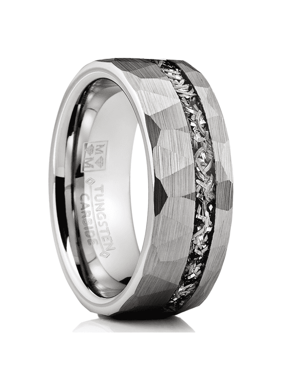 Mens Tungsten Carbide Ring Hammered Meteorite Wedding Band 8mm Silvertone Black