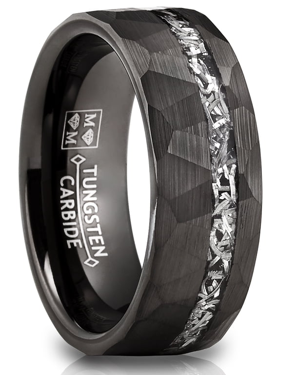 Mens Tungsten Carbide Ring Hammered Meteorite Wedding Band 8mm Silvertone Black