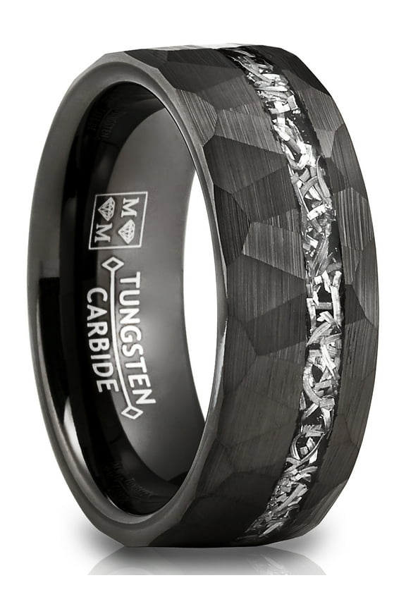 Mens Tungsten Carbide Ring Hammered Meteorite Wedding Band 8mm Silvertone Black