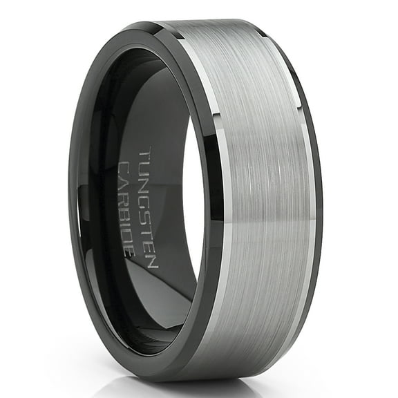 Metal Masters Mens Tungsten Carbide Wedding Band Flat Top Brushed Two-Tone Black Ring 8mm 8.5