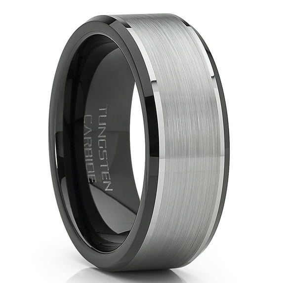 Metal Masters Mens Tungsten Carbide Wedding Band Flat Top Brushed Two-Tone Black Ring 8mm 8