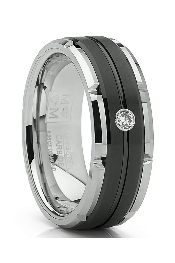Mens Tungsten Carbide Wedding Band Diamond .05 Two-Tone Black Ring 8mm 13