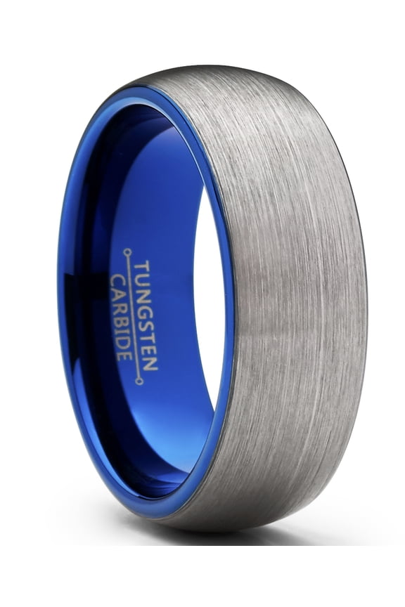Mens Tungsten Carbide Wedding Band Ring 8mm Dome Brushed Blue Comfort-Fit Band