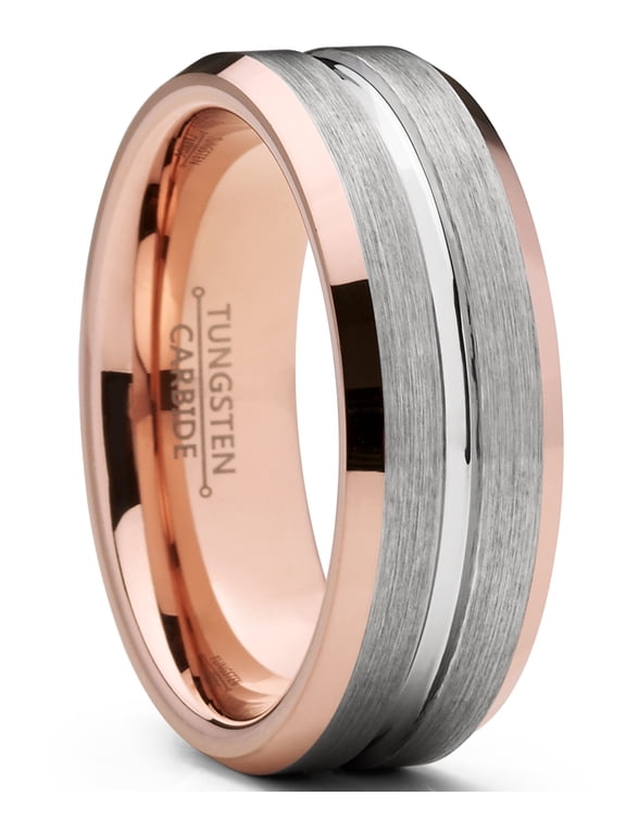 Mens Tungsten Carbide Wedding Band Ring 8mm Flat Top Brushed Rosetone Pink Comfort-Fit Band 10.5