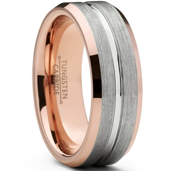 Metal Masters Mens Tungsten Carbide Wedding Band Ring 8mm Flat Top Brushed Rosetone Pink Comfort-Fit Band 8.5