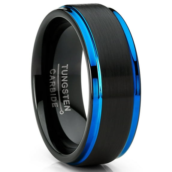 Metal Masters Mens Tungsten Carbide Wedding Band Ring Black Blue Edges 8mm Comfort-Fit