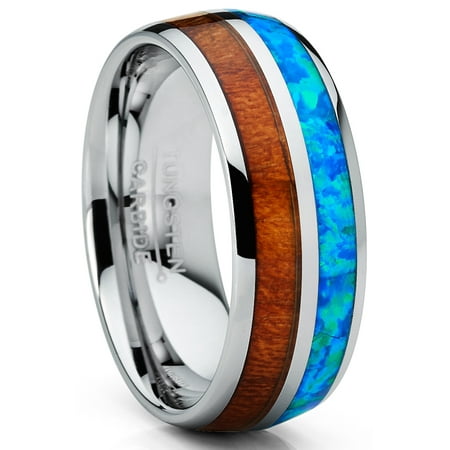 Metal Masters Mens Tungsten Carbide Wedding Band Ring Blue Opal Koa Wood Inlay Comfort-Fit 8mm