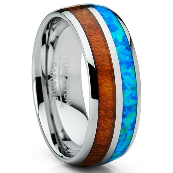 Metal Masters Mens Tungsten Carbide Wedding Band Ring Blue Opal Koa Wood Inlay Comfort-Fit 8mm