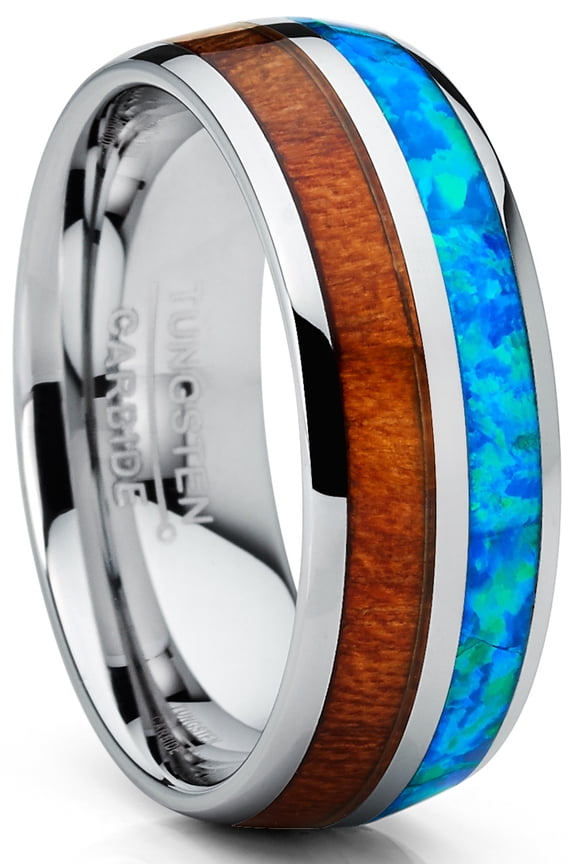 Mens Tungsten Carbide Wedding Band Ring Blue Opal Koa Wood Inlay Comfort-Fit 8mm